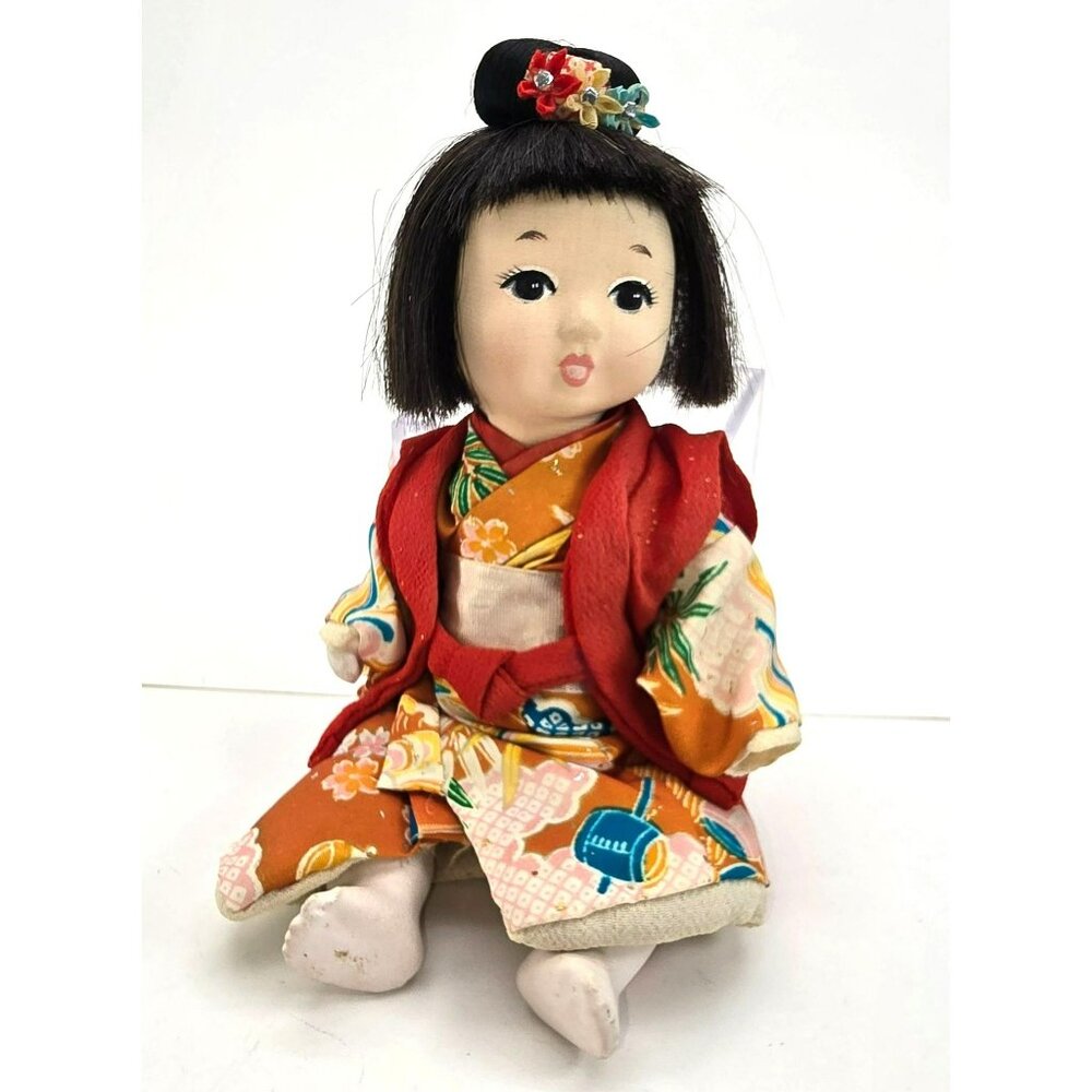 Vintage Japanese Kimono Porcelain Doll Floral Hairpiece & Orange Kimono JE328